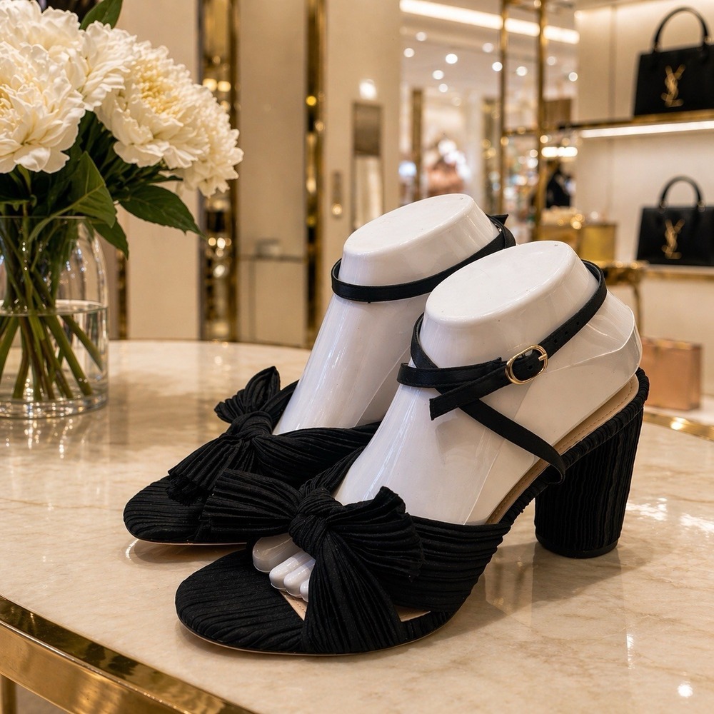 MUCCUTE‎ Bow Knot Block Heel Sandals Ankle Buckle Black Special Occasion 9.5